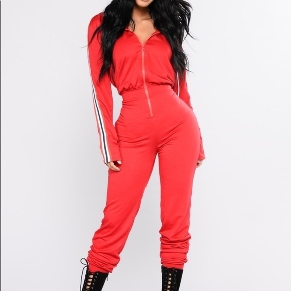 Fashion Nova Red Terry Running Errands Stripe Trim Jumpsuit Size Small - Picture 2 of 13